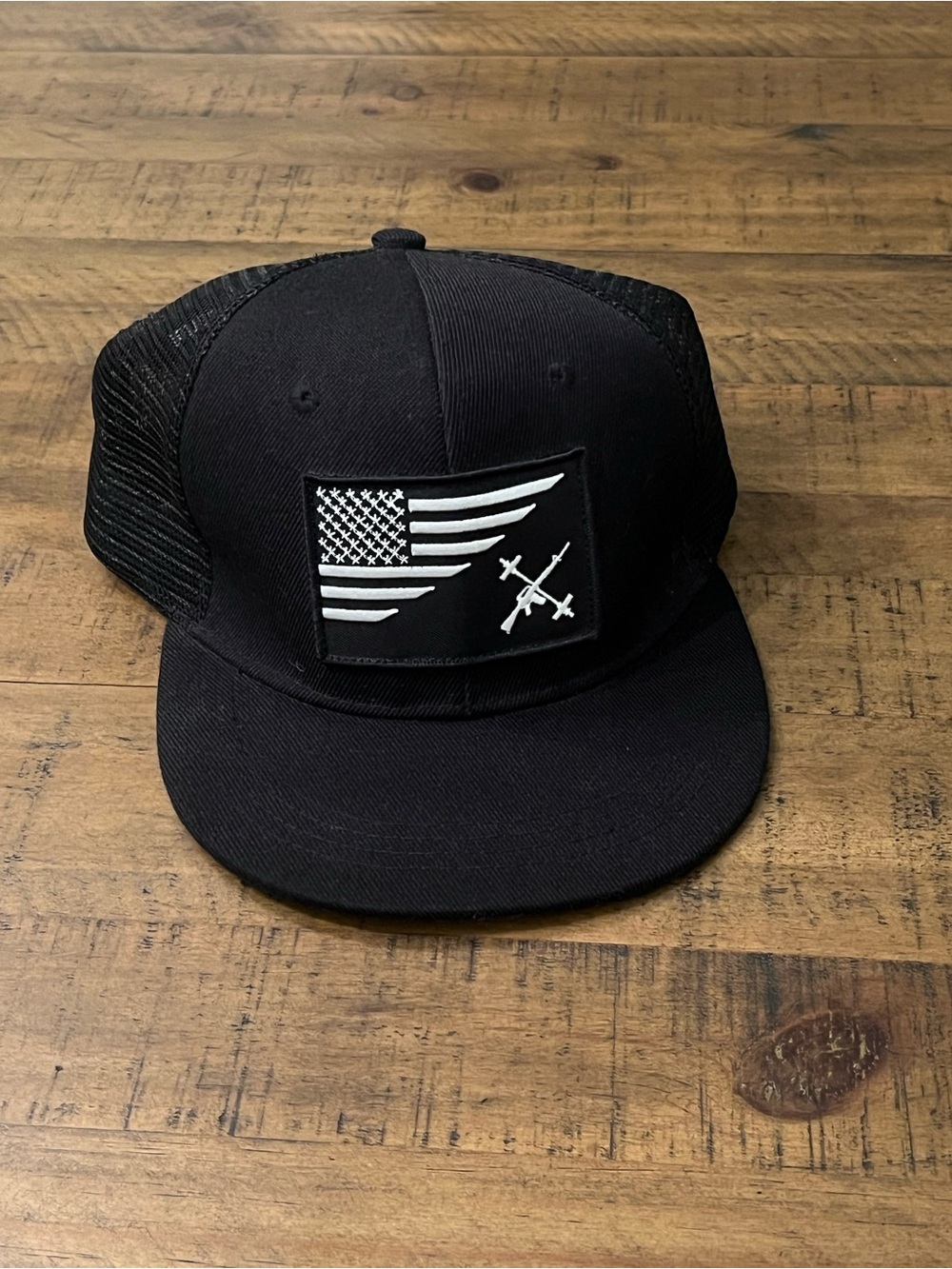Barbell Cartel Black Trucker Snapback Hat with American Flag Patch